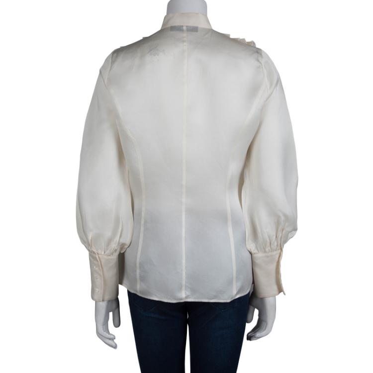 Pre Owned Valentino Cream Silk Ruffle Detail Long Sleeve Shirt L