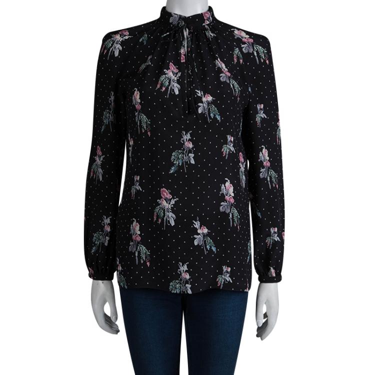 Pre Owned Valentino Black Silk Floral Printed Long Sleeve Top S