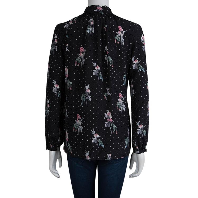 Pre Owned Valentino Black Silk Floral Printed Long Sleeve Top S