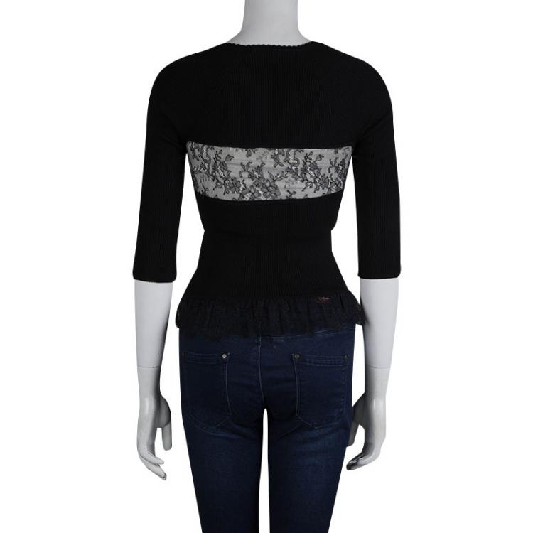 Pre Owned Valentino Black Rib Knit Lace Insert Top S