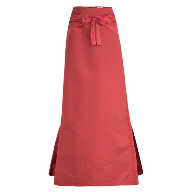 Pre Owned Valentino Red Bow Detail Gathered High Low Maxi Skirt L