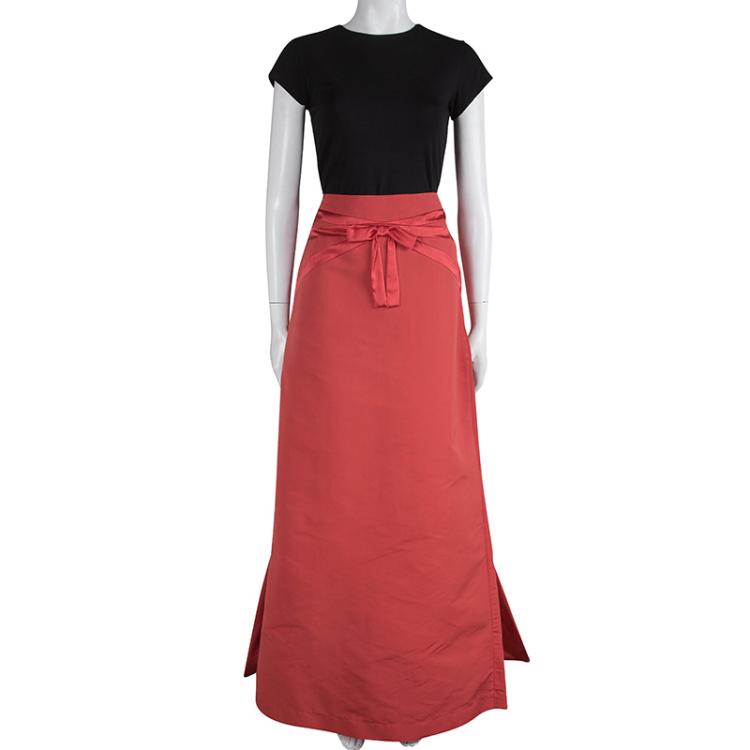 Pre Owned Valentino Red Bow Detail Gathered High Low Maxi Skirt L
