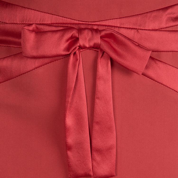 Pre Owned Valentino Red Bow Detail Gathered High Low Maxi Skirt L