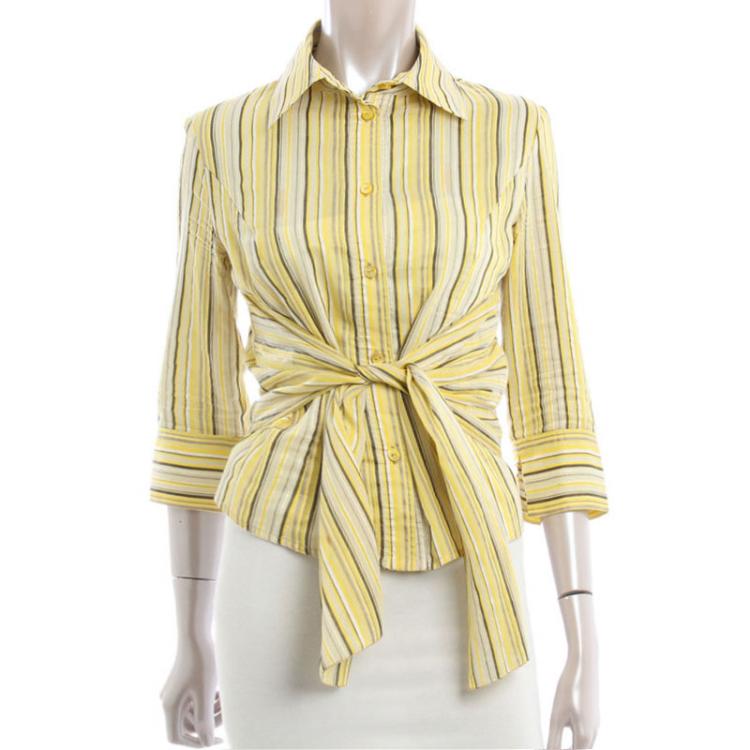 Pre Owned Valentino Yellow Striped Front Knot Top S