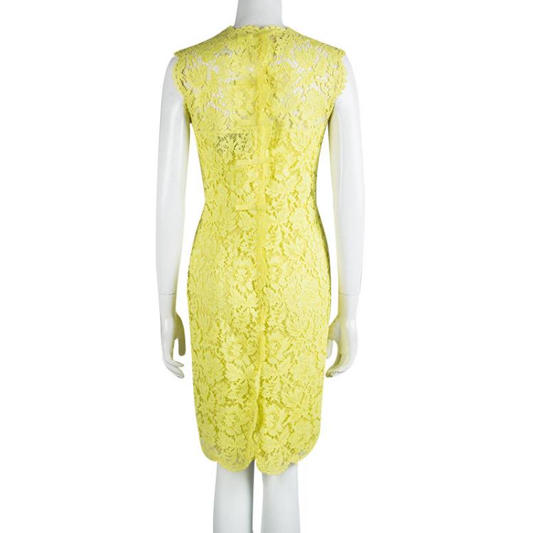 Pre Owned Valentino Yellow Lace Sleeveless Sheath Dress M