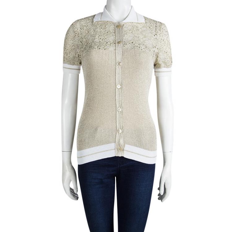Pre Owned Valentino Gold Lurex Ribbed Knit Lace Detail Top M