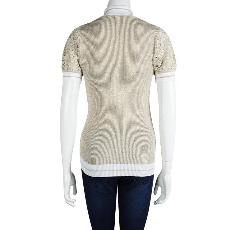 Pre Owned Valentino Gold Lurex Ribbed Knit Lace Detail Top M