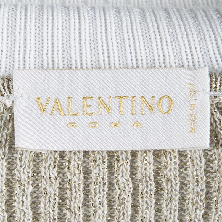 Pre Owned Valentino Gold Lurex Ribbed Knit Lace Detail Top M