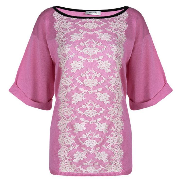 Pre Owned Valentino Pink Knit Scallop Lace Applique Detail Top XL