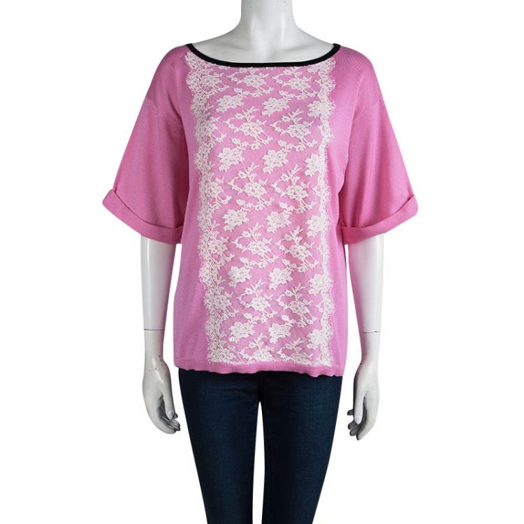 Pre Owned Valentino Pink Knit Scallop Lace Applique Detail Top XL