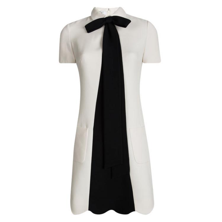 Pre Owned Valentino Cream Contrast Bow Tie Detail Short Sleeve Shift Dress S