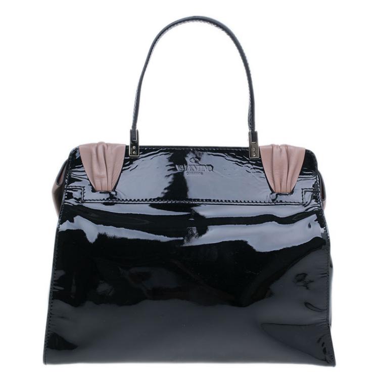 Pre Owned Valentino Black Leopard Print Raffia Patent Leather Aphrodite Bow Top Handle Bag
