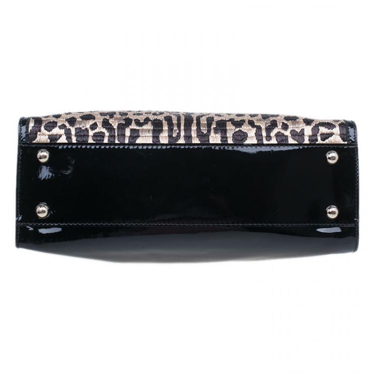 Pre Owned Valentino Black Leopard Print Raffia Patent Leather Aphrodite Bow Top Handle Bag