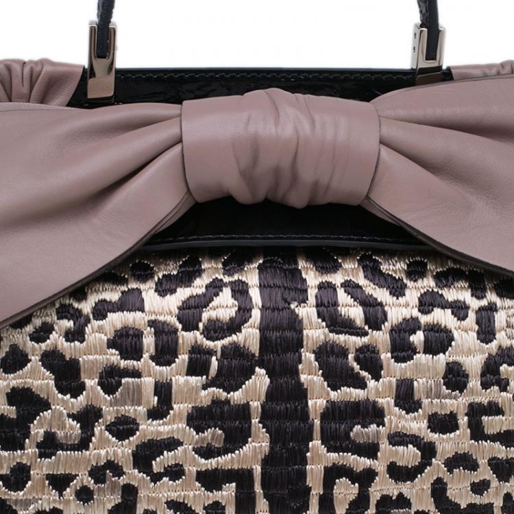 Pre Owned Valentino Black Leopard Print Raffia Patent Leather Aphrodite Bow Top Handle Bag