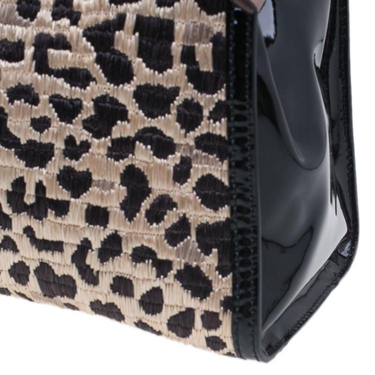 Pre Owned Valentino Black Leopard Print Raffia Patent Leather Aphrodite Bow Top Handle Bag
