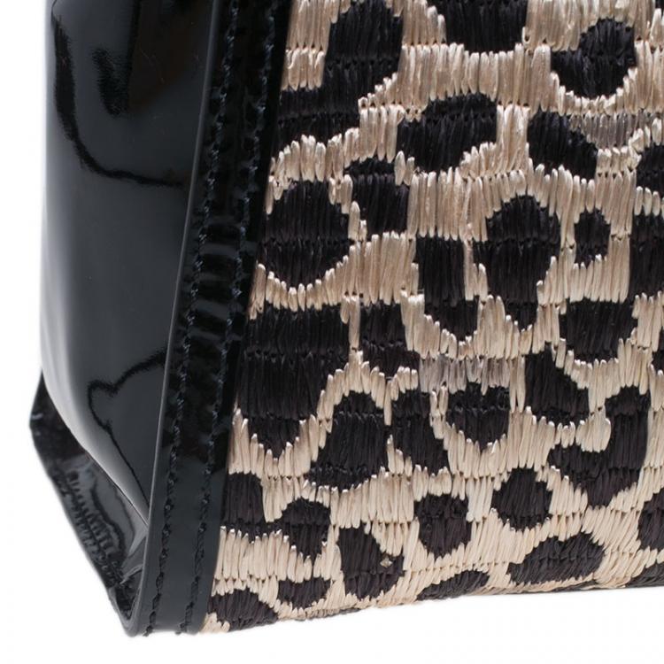Pre Owned Valentino Black Leopard Print Raffia Patent Leather Aphrodite Bow Top Handle Bag