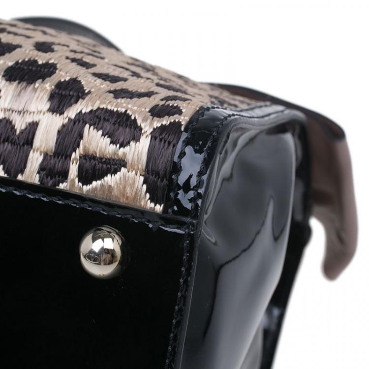 Pre Owned Valentino Black Leopard Print Raffia Patent Leather Aphrodite Bow Top Handle Bag