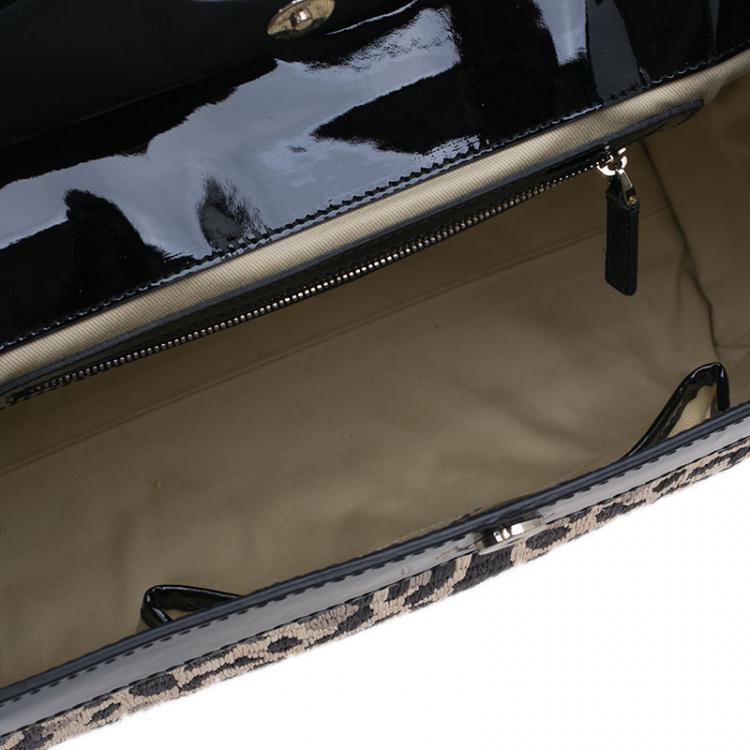 Pre Owned Valentino Black Leopard Print Raffia Patent Leather Aphrodite Bow Top Handle Bag