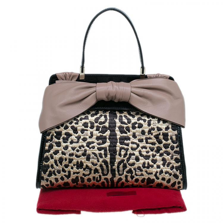 Pre Owned Valentino Black Leopard Print Raffia Patent Leather Aphrodite Bow Top Handle Bag