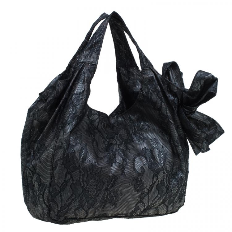 Pre Owned Valentino Black All Lace Medium Nuage Bow Hobo