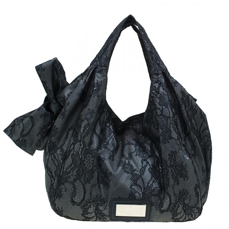 Pre Owned Valentino Black All Lace Medium Nuage Bow Hobo