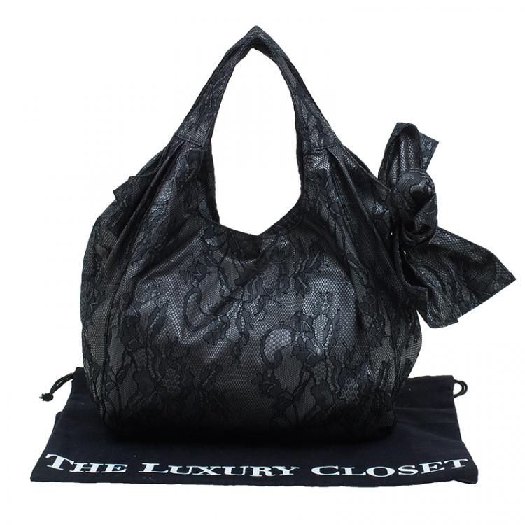 Pre Owned Valentino Black All Lace Medium Nuage Bow Hobo