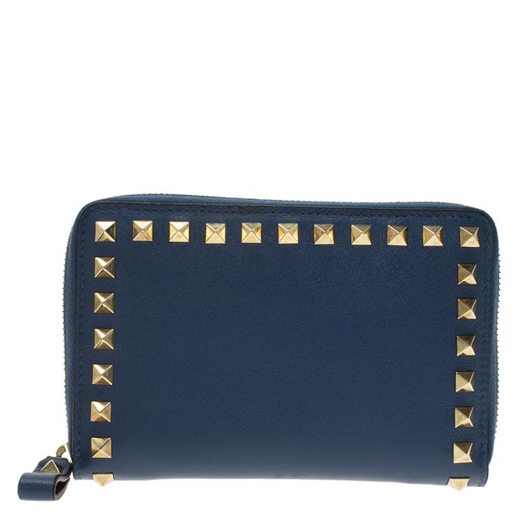 Pre Owned Valentino Blue Leather Medium Rockstud Zip Around Wallet