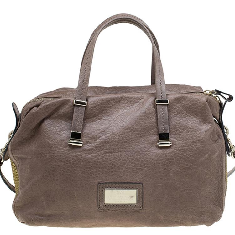 Pre Owned Valentino Brown/Gold Leather and Metal Mesh Top Handle Bag
