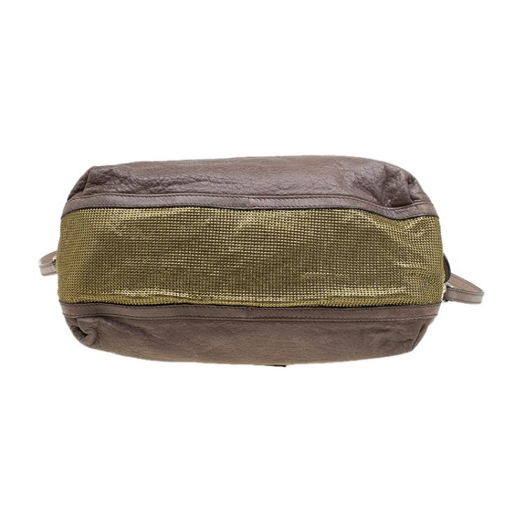 Pre Owned Valentino Brown/Gold Leather and Metal Mesh Top Handle Bag