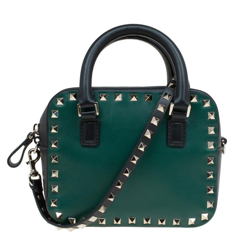 Pre Owned Valentino Green/Black Leather Mini Rockstud Top Handle Bag