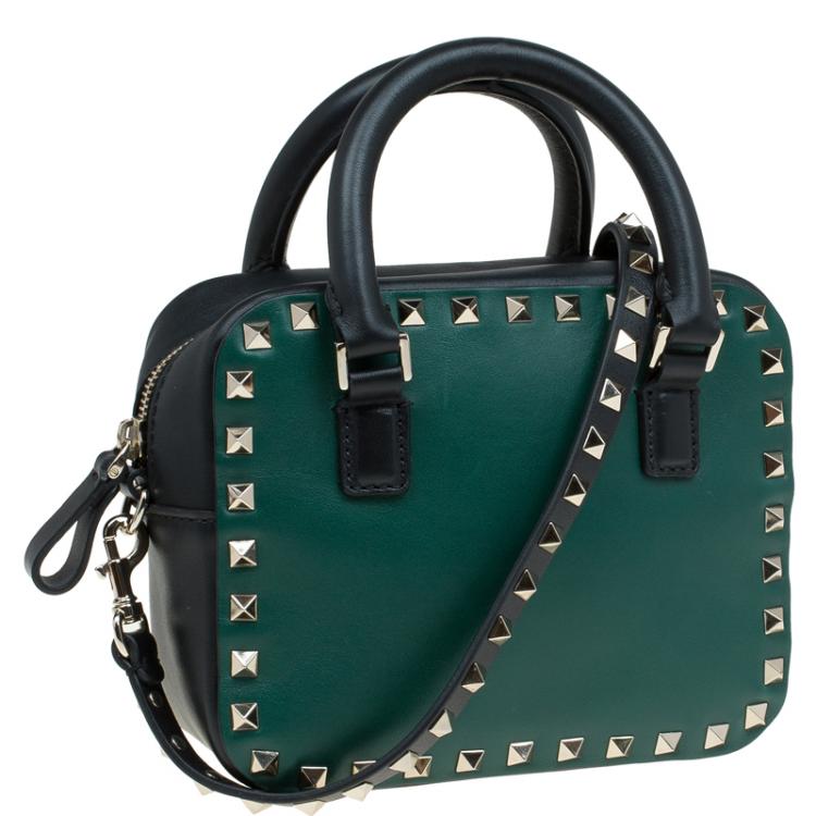 Pre Owned Valentino Green/Black Leather Mini Rockstud Top Handle Bag