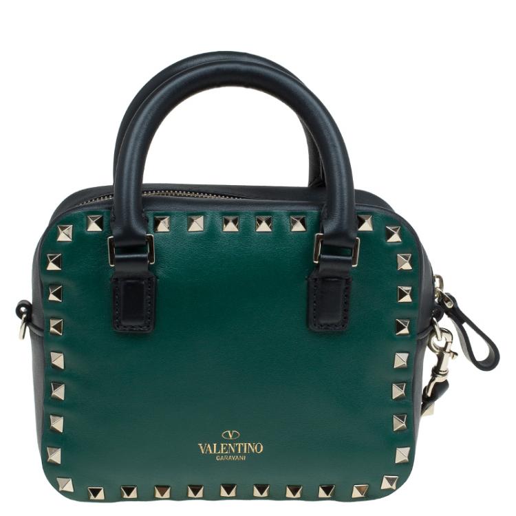 Pre Owned Valentino Green/Black Leather Mini Rockstud Top Handle Bag