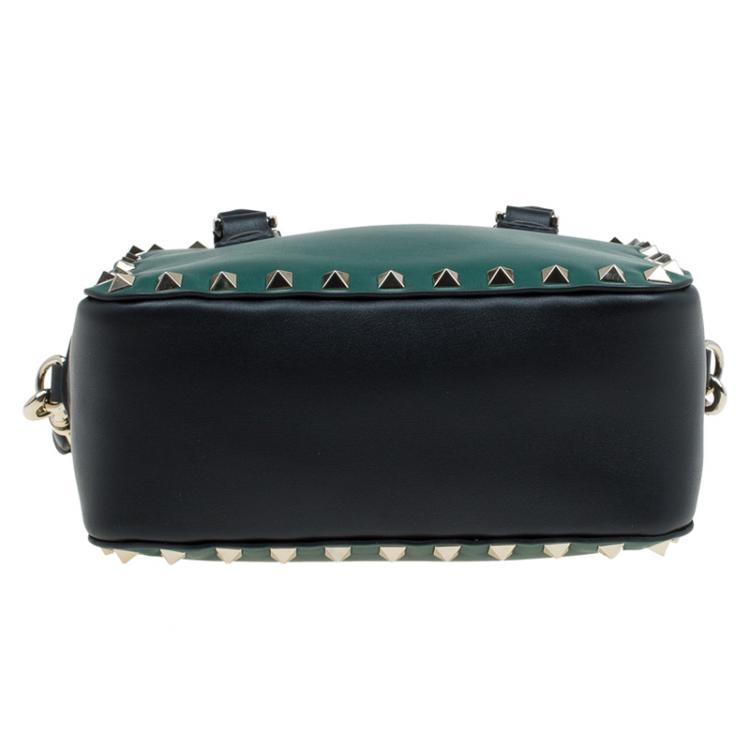 Pre Owned Valentino Green/Black Leather Mini Rockstud Top Handle Bag