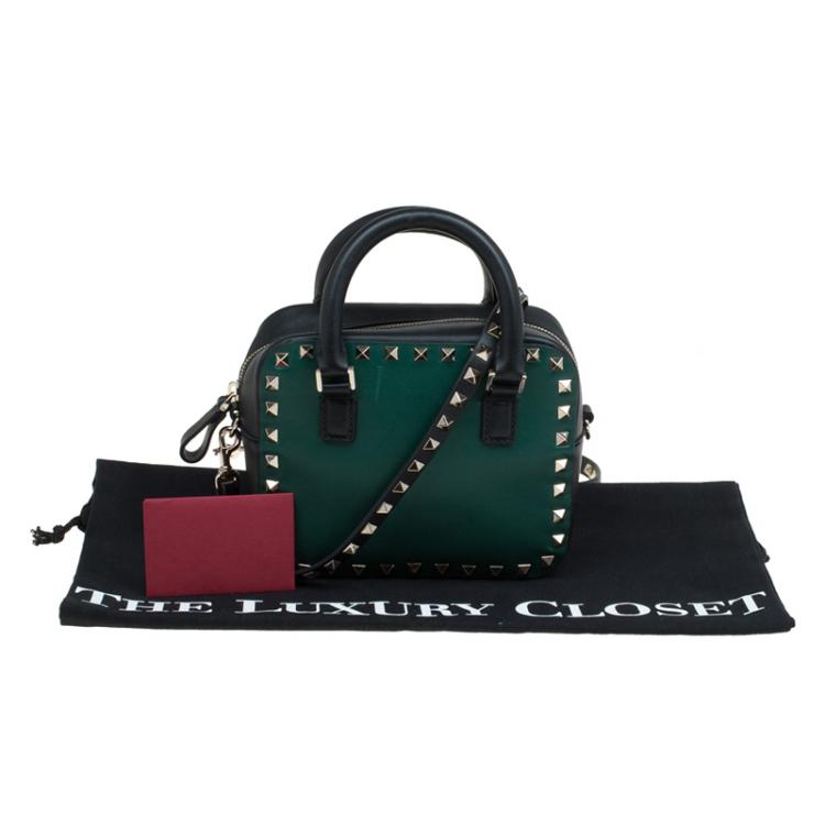 Pre Owned Valentino Green/Black Leather Mini Rockstud Top Handle Bag