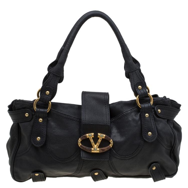 Pre Owned Valentino Black Leather and Crystal Catch Satchel