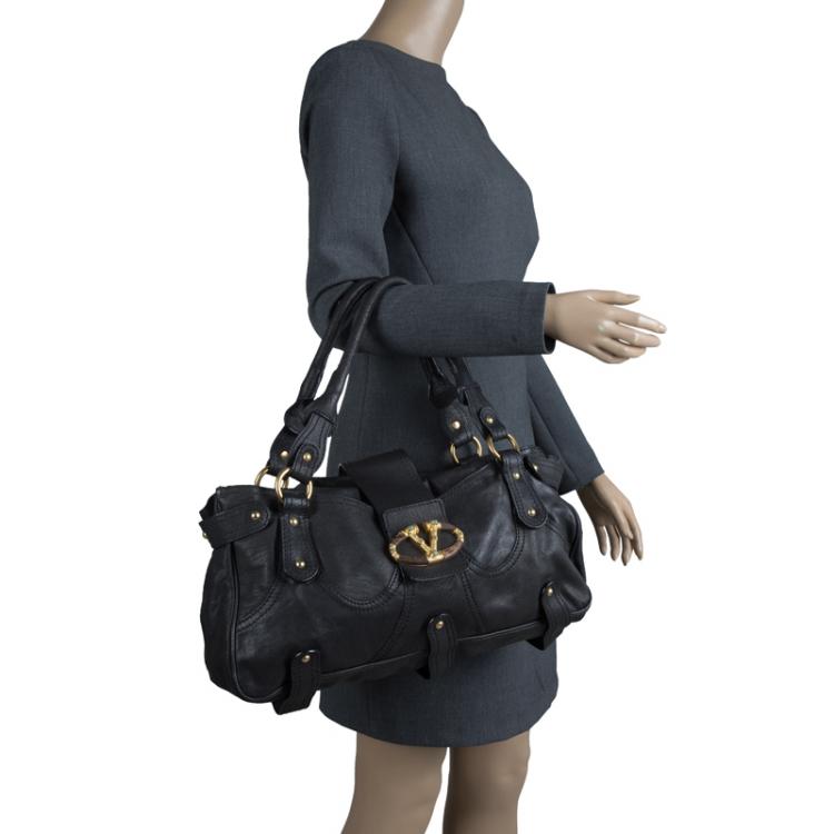 Pre Owned Valentino Black Leather and Crystal Catch Satchel