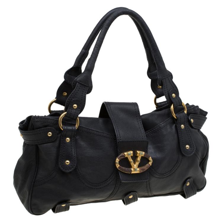 Pre Owned Valentino Black Leather and Crystal Catch Satchel