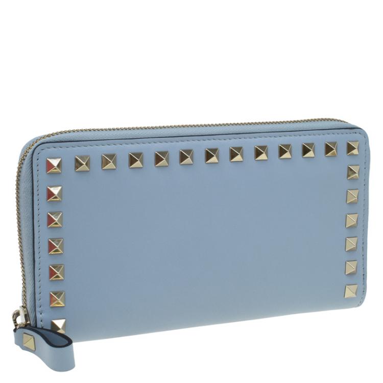 Pre Owned Valentino Grey Leather Rockstud Zip Around Wallet