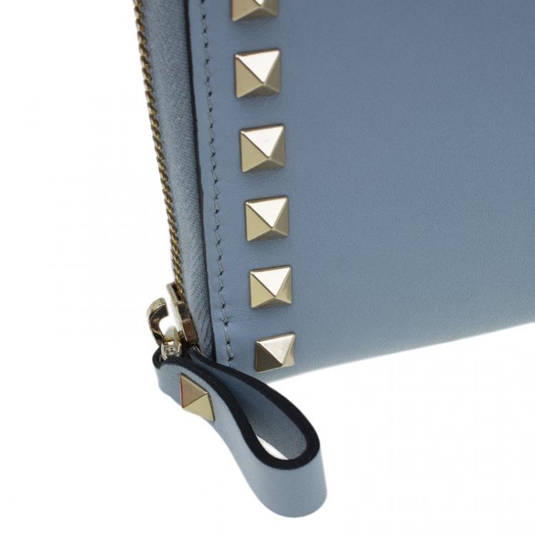 Pre Owned Valentino Grey Leather Rockstud Zip Around Wallet