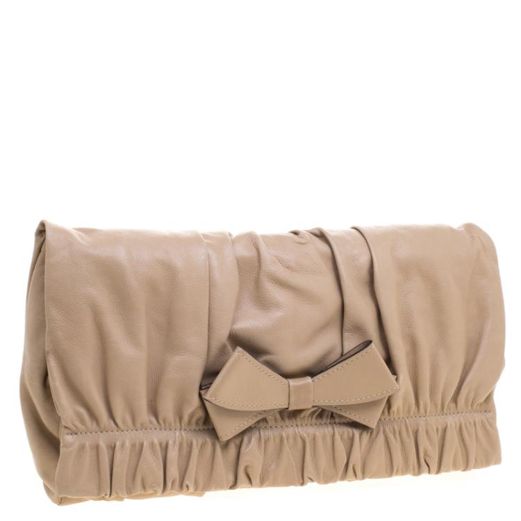 Pre Owned Valentino Beige Leather Bow Clutch