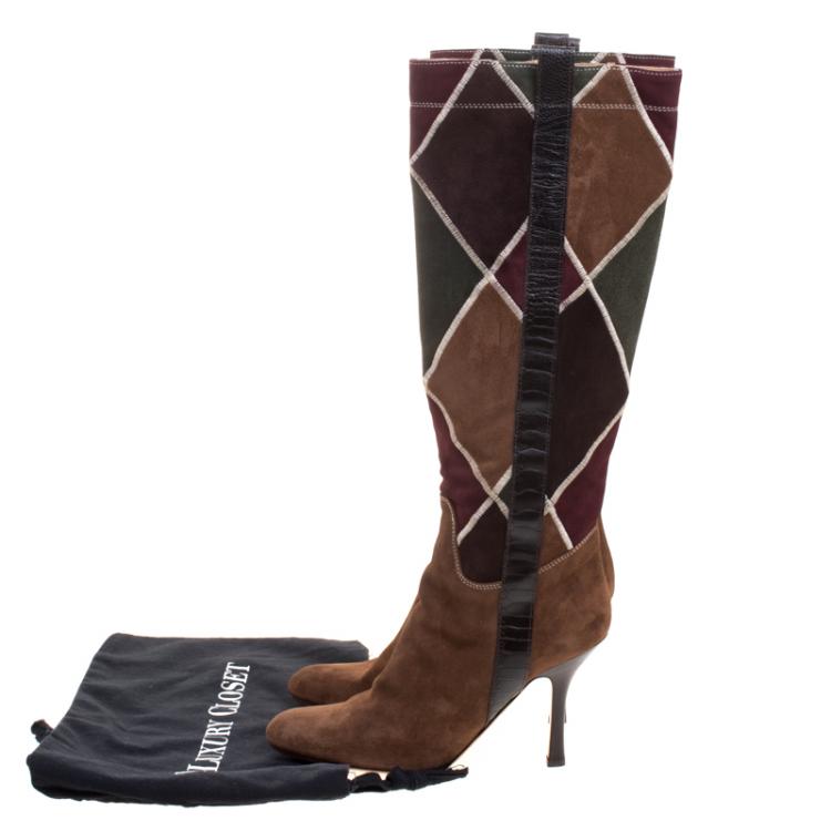 Pre Owned Valentino Multicolor Diamond Stitched Suede Knee Boots Size 37.5