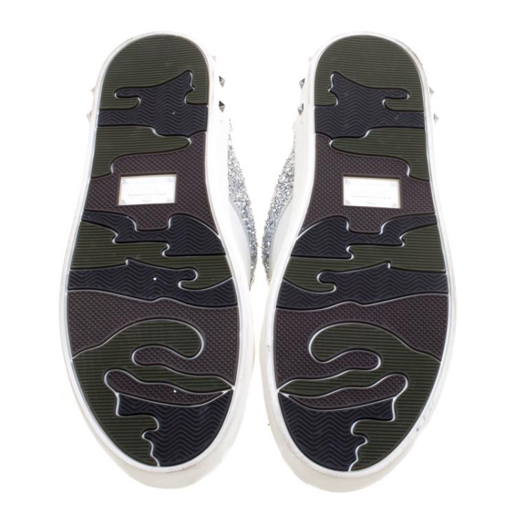 Pre Owned Valentino Silver/White Glitter and Leather Fly Crew Lace Up Sneakers Size 38