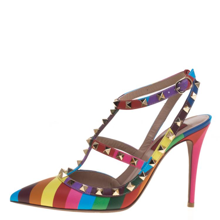 Louis Vuitton Leather Canvas Bow Striped Heels Multicolor