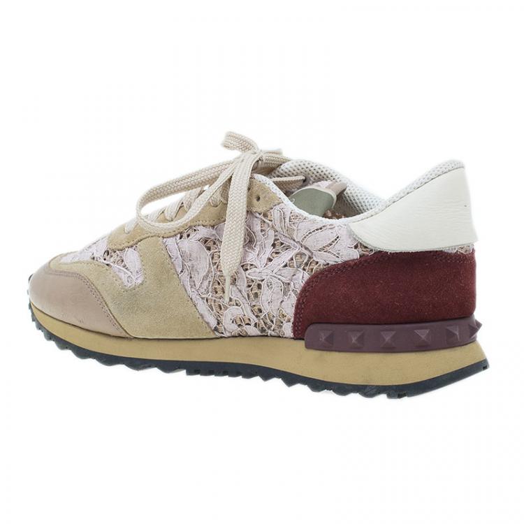 Pre Owned Valentino Beige Macramé Lace Sneakers Size 37.5