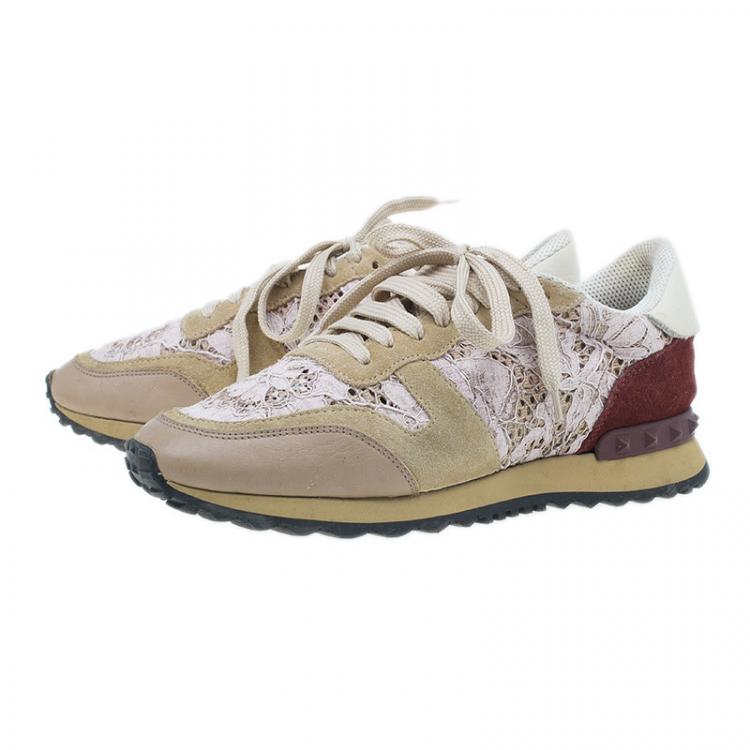 Pre Owned Valentino Beige Macramé Lace Sneakers Size 37.5