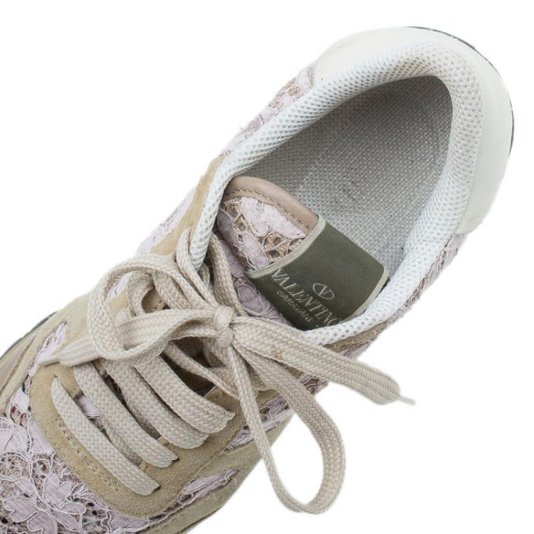 Pre Owned Valentino Beige Macramé Lace Sneakers Size 37.5