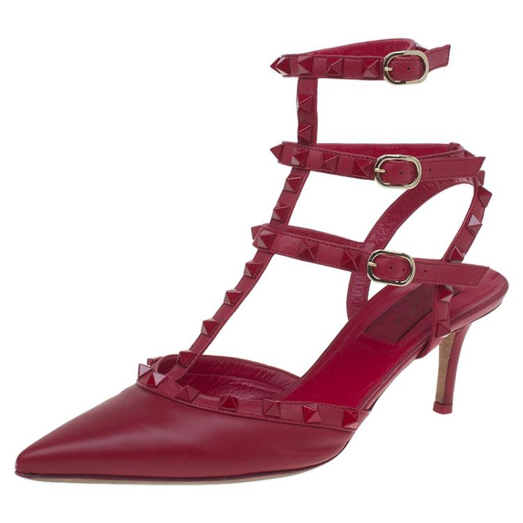 Valentino Red Leather Rockstud Kitten Heel Sandals Size 38 Valentino ...