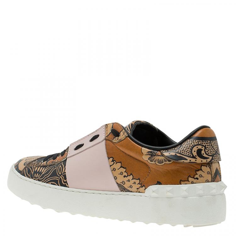 Pre Owned Valentino Orange Printed Leather Open Sneakers Size 38