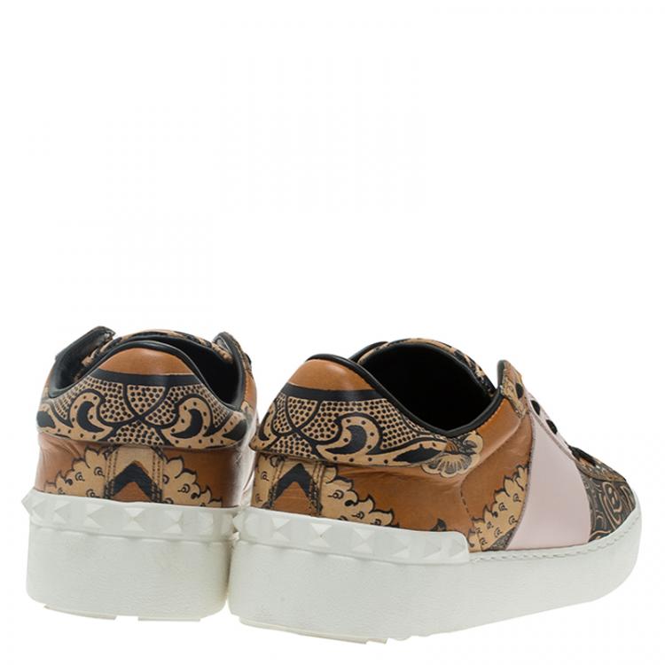 Pre Owned Valentino Orange Printed Leather Open Sneakers Size 38