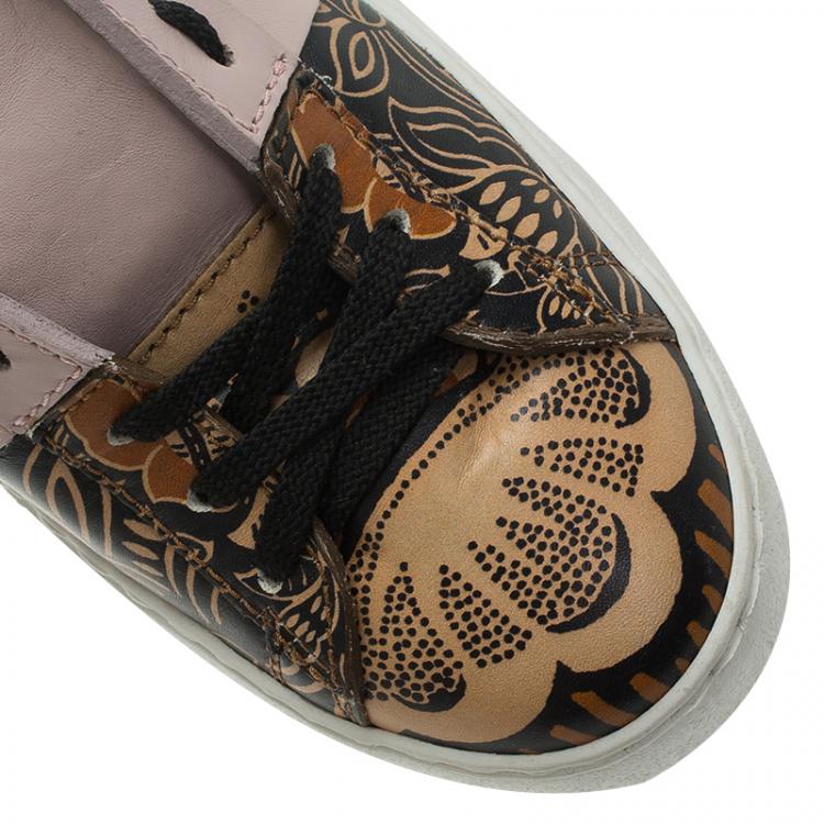 Pre Owned Valentino Orange Printed Leather Open Sneakers Size 38